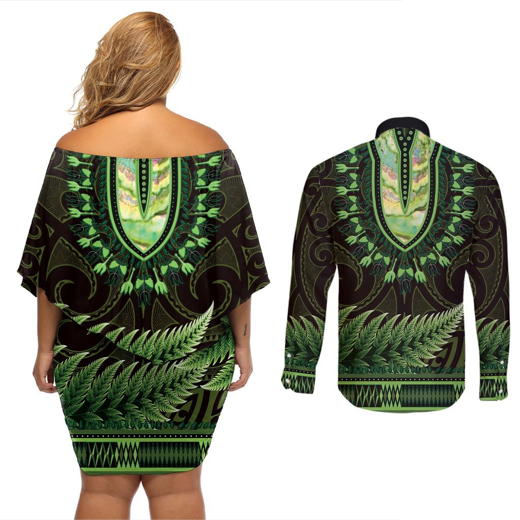 Lime Green African Dashiki With Aotearoa Maori Couples Matching Off Shoulder Short Dress and Long Sleeve Button Shirt Paua Shell Mix Silver Fern LT14 - Polynesian Pride