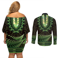 Lime Green African Dashiki With Aotearoa Maori Couples Matching Off Shoulder Short Dress and Long Sleeve Button Shirt Paua Shell Mix Silver Fern LT14 - Polynesian Pride