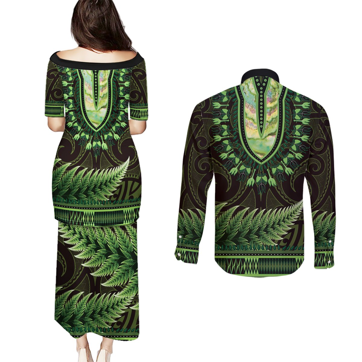 Lime Green African Dashiki With Aotearoa Maori Couples Matching Puletasi and Long Sleeve Button Shirt Paua Shell Mix Silver Fern LT14 - Polynesian Pride