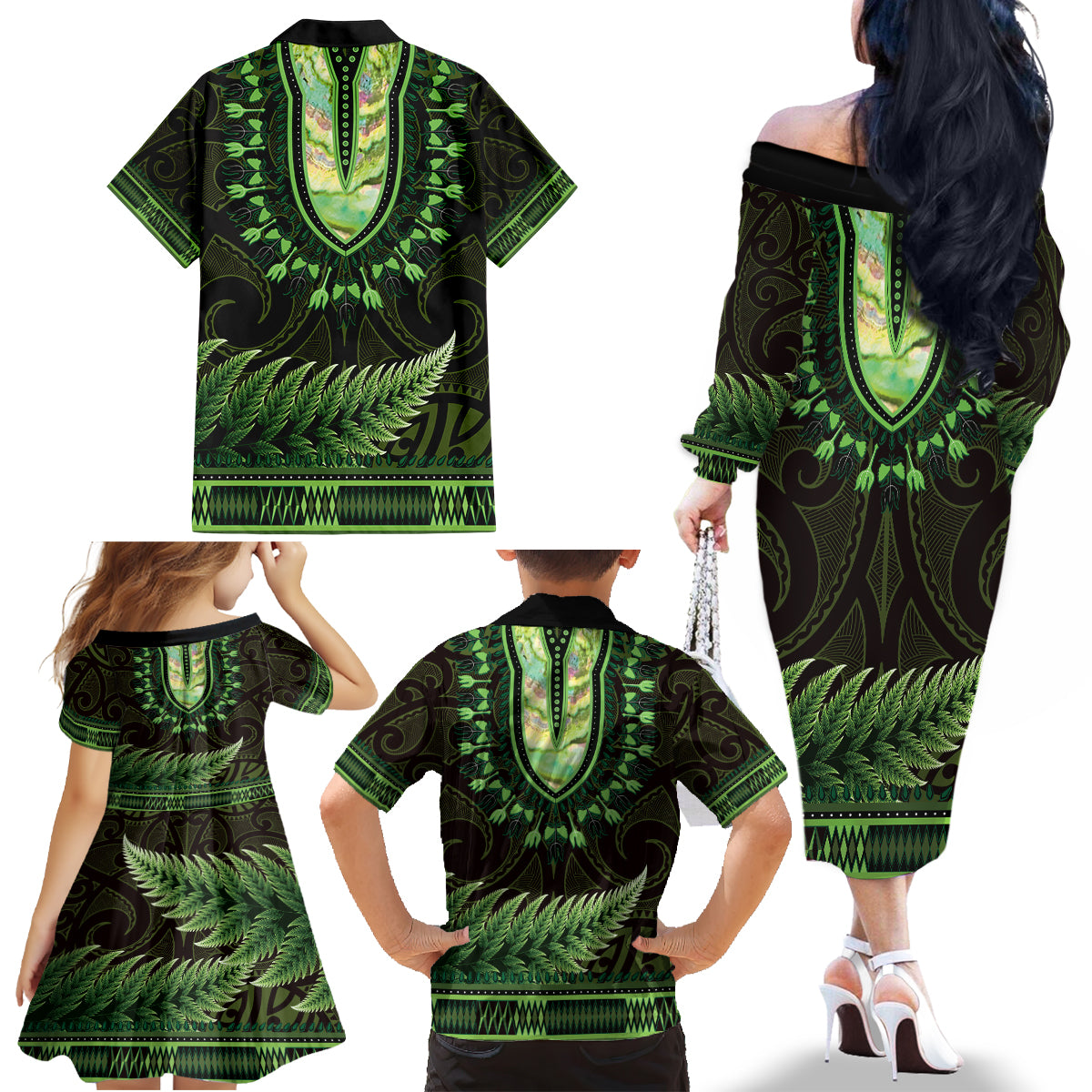 Lime Green African Dashiki With Aotearoa Maori Family Matching Off The Shoulder Long Sleeve Dress and Hawaiian Shirt Paua Shell Mix Silver Fern