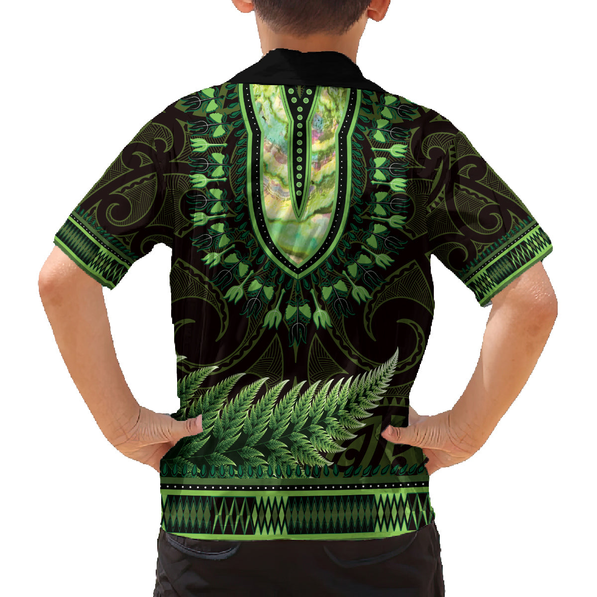 Lime Green African Dashiki With Aotearoa Maori Family Matching Off Shoulder Short Dress and Hawaiian Shirt Paua Shell Mix Silver Fern