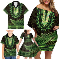 Lime Green African Dashiki With Aotearoa Maori Family Matching Off Shoulder Short Dress and Hawaiian Shirt Paua Shell Mix Silver Fern