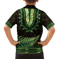 Lime Green African Dashiki With Aotearoa Maori Family Matching Tank Maxi Dress and Hawaiian Shirt Paua Shell Mix Silver Fern