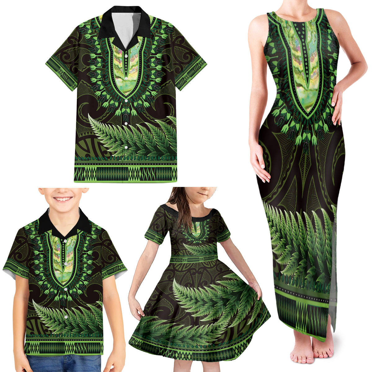 Lime Green African Dashiki With Aotearoa Maori Family Matching Tank Maxi Dress and Hawaiian Shirt Paua Shell Mix Silver Fern