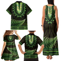 Lime Green African Dashiki With Aotearoa Maori Family Matching Tank Maxi Dress and Hawaiian Shirt Paua Shell Mix Silver Fern