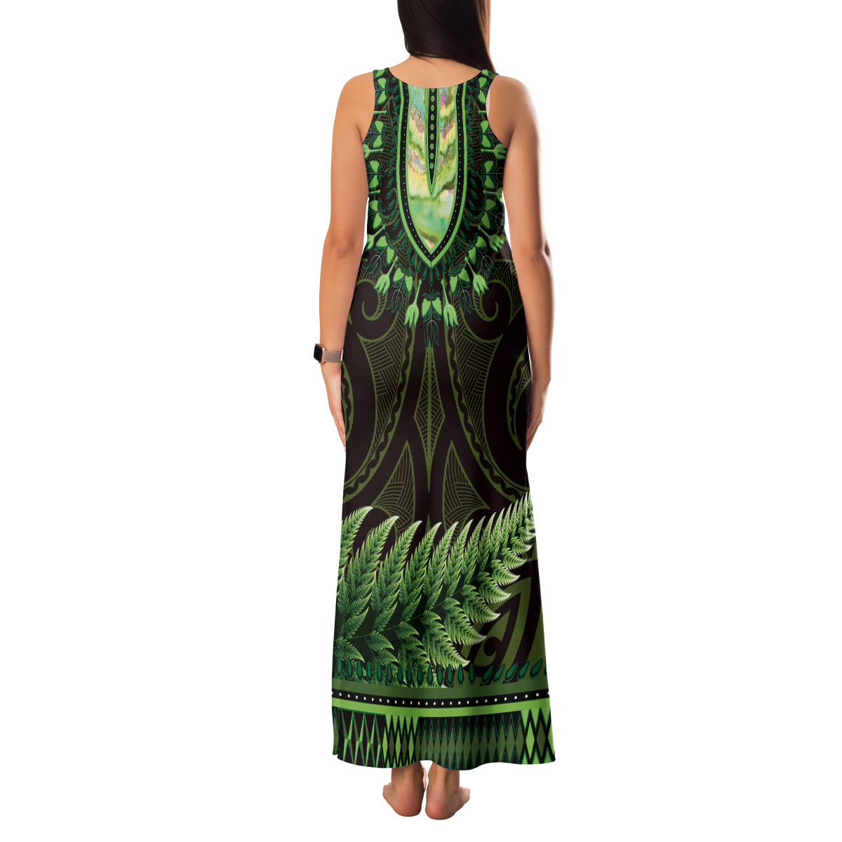 Lime Green African Dashiki With Aotearoa Maori Family Matching Tank Maxi Dress and Hawaiian Shirt Paua Shell Mix Silver Fern