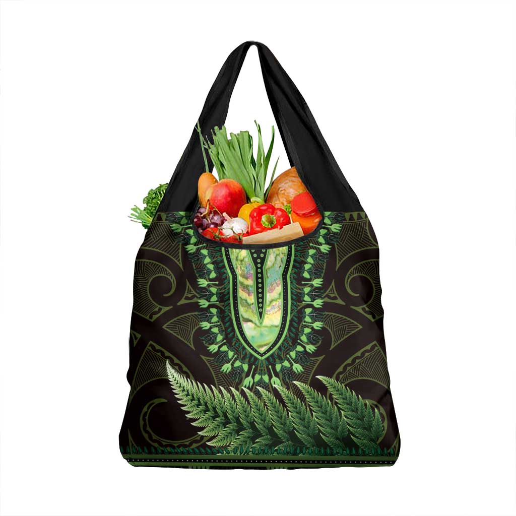 Lime Green African Dashiki With Aotearoa Maori Grocery Bag Paua Shell Mix Silver Fern