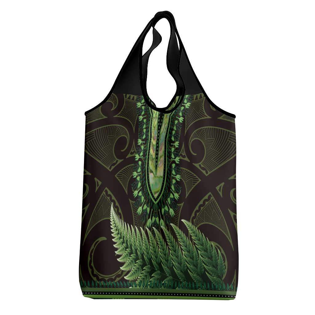 Lime Green African Dashiki With Aotearoa Maori Grocery Bag Paua Shell Mix Silver Fern