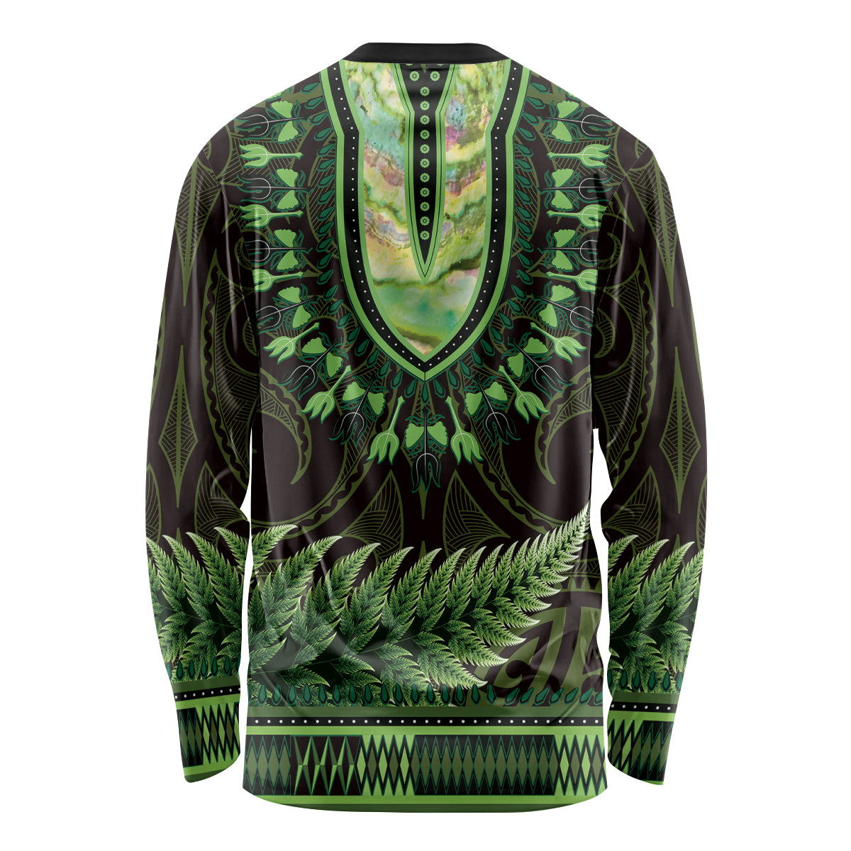 Lime Green African Dashiki With Aotearoa Maori Long Sleeve Shirt Paua Shell Mix Silver Fern