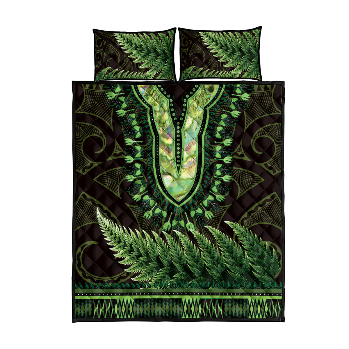 Lime Green African Dashiki With Aotearoa Maori Quilt Bed Set Paua Shell Mix Silver Fern