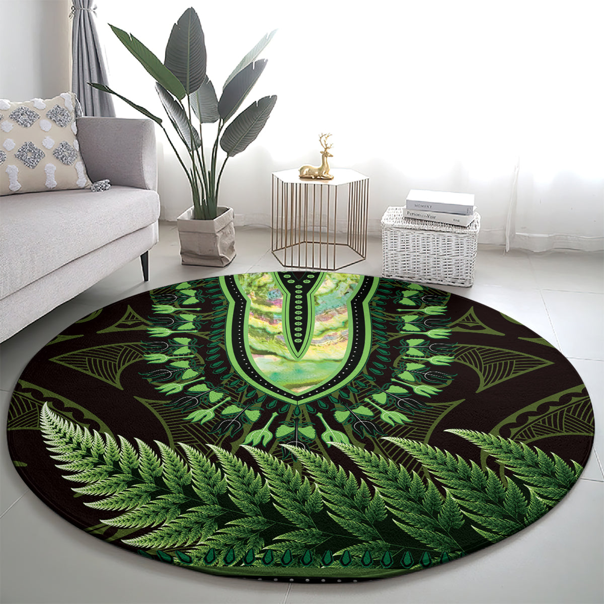 Lime Green African Dashiki With Aotearoa Maori Round Carpet Paua Shell Mix Silver Fern LT14 - Polynesian Pride
