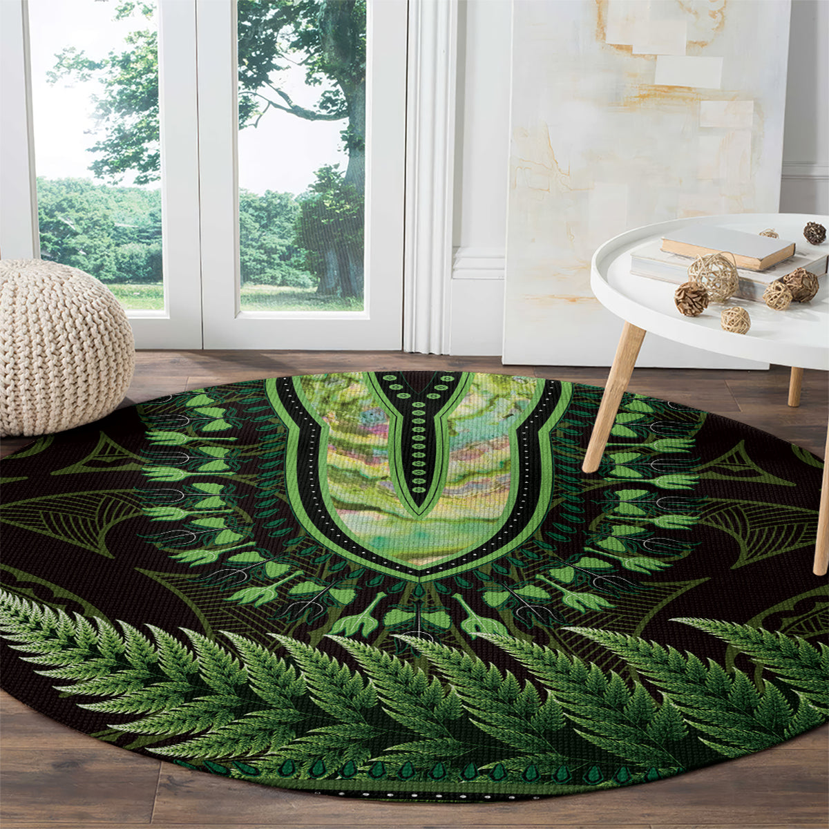 Lime Green African Dashiki With Aotearoa Maori Round Carpet Paua Shell Mix Silver Fern LT14 - Polynesian Pride