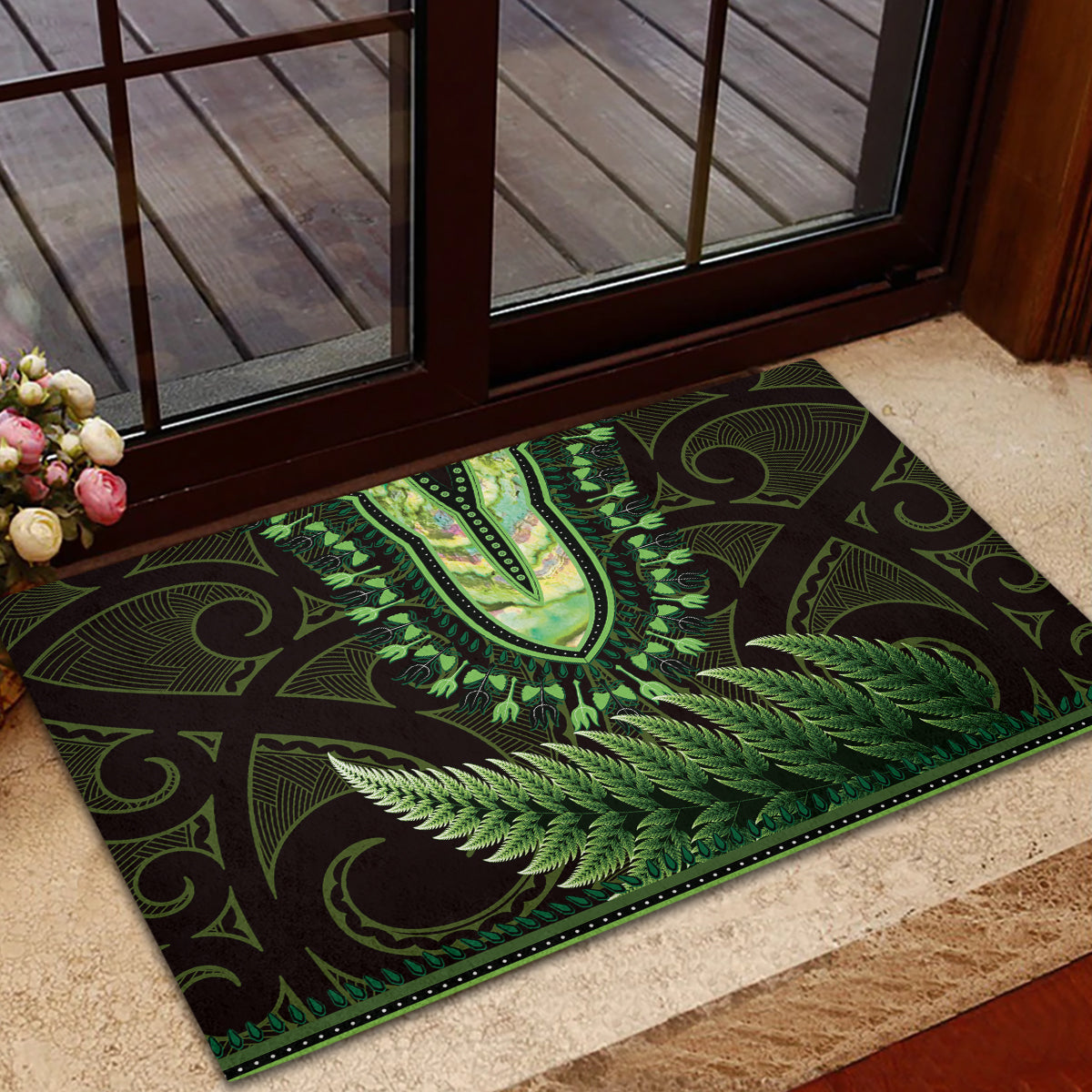 Lime Green African Dashiki With Aotearoa Maori Rubber Doormat Paua Shell Mix Silver Fern
