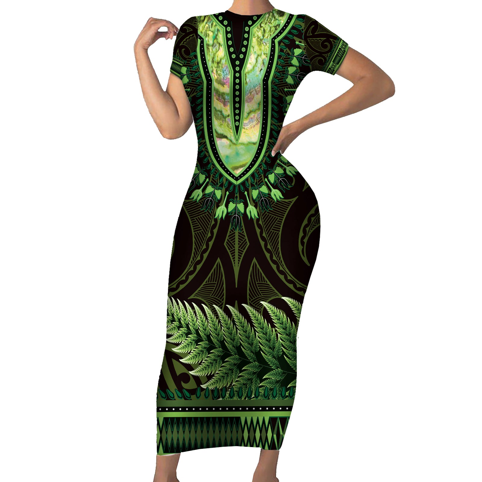 Lime Green African Dashiki With Aotearoa Maori Short Sleeve Bodycon Dress Paua Shell Mix Silver Fern