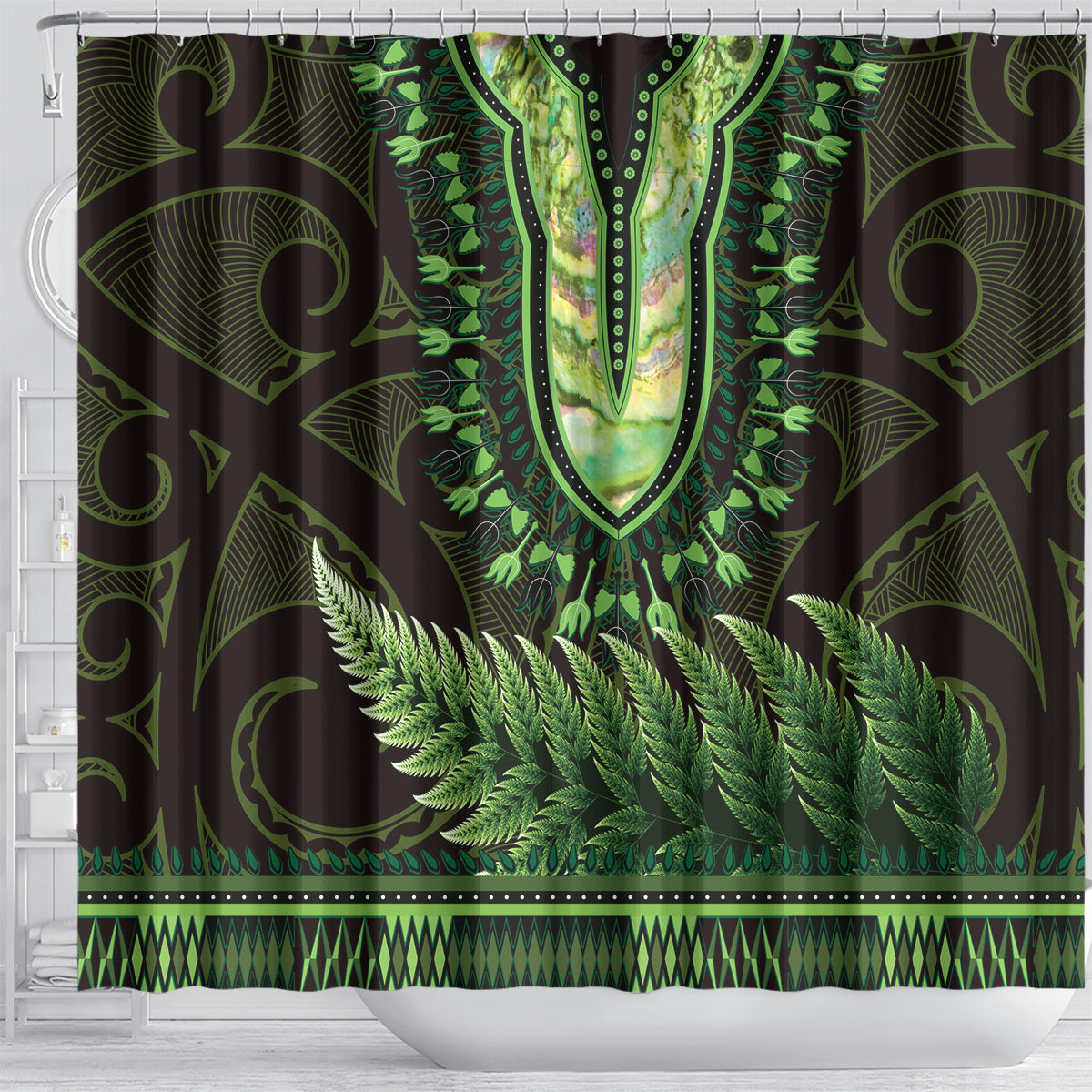 Lime Green African Dashiki With Aotearoa Maori Shower Curtain Paua Shell Mix Silver Fern