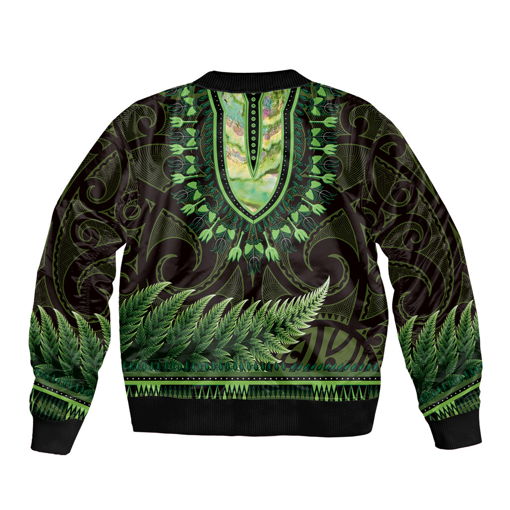 Lime Green African Dashiki With Aotearoa Maori Sleeve Zip Bomber Jacket Paua Shell Mix Silver Fern