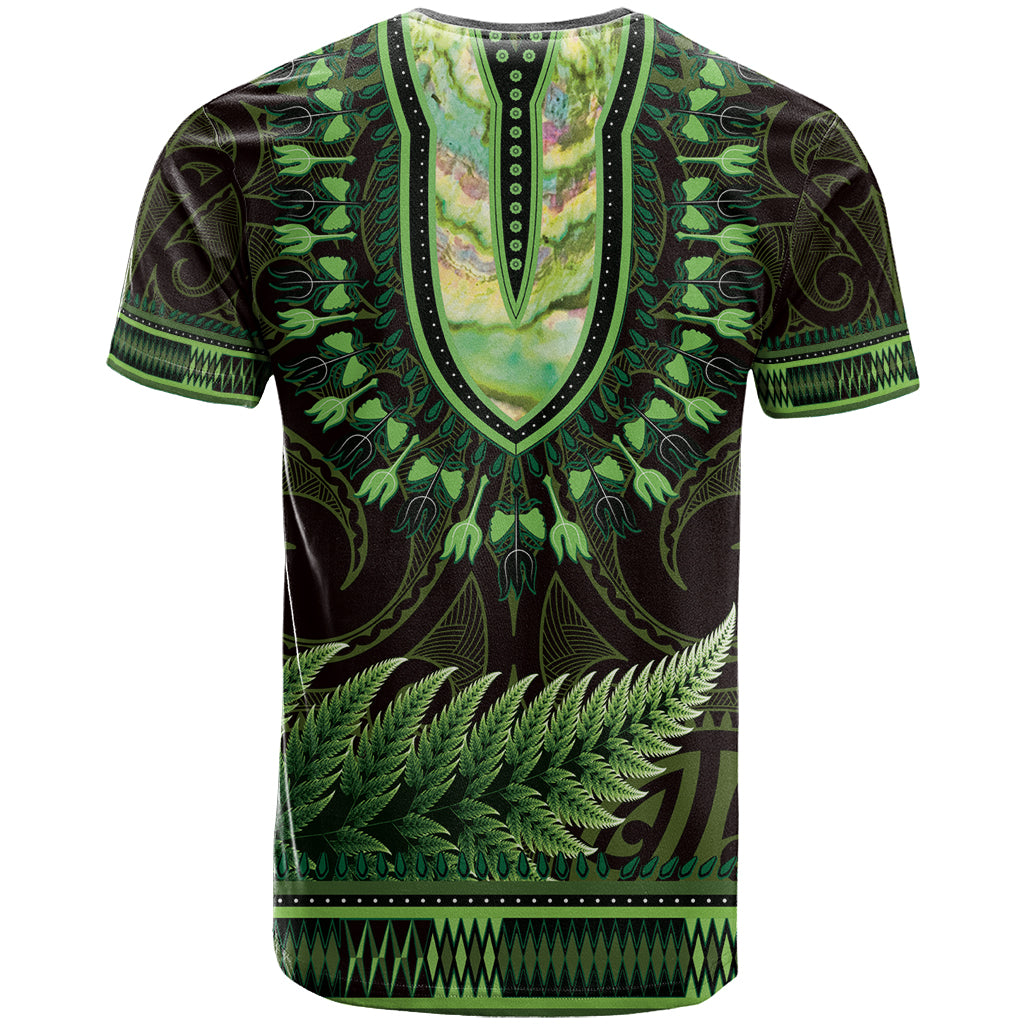Lime Green African Dashiki With Aotearoa Maori T Shirt Paua Shell Mix Silver Fern