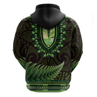 Lime Green African Dashiki With Aotearoa Maori Zip Hoodie Paua Shell Mix Silver Fern