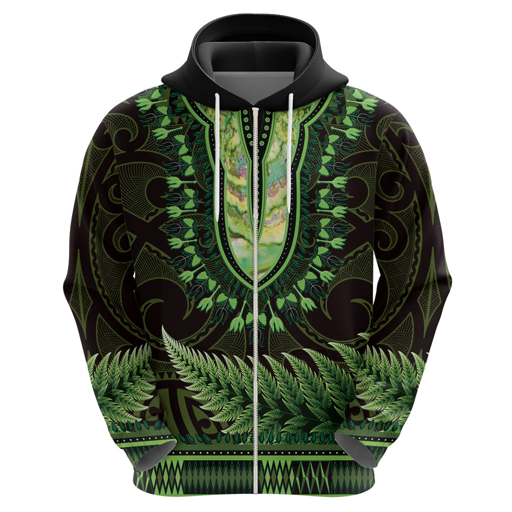 Lime Green African Dashiki With Aotearoa Maori Zip Hoodie Paua Shell Mix Silver Fern