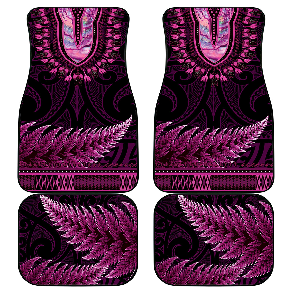 Pink African Dashiki With Aotearoa Maori Car Mats Paua Shell Mix Silver Fern