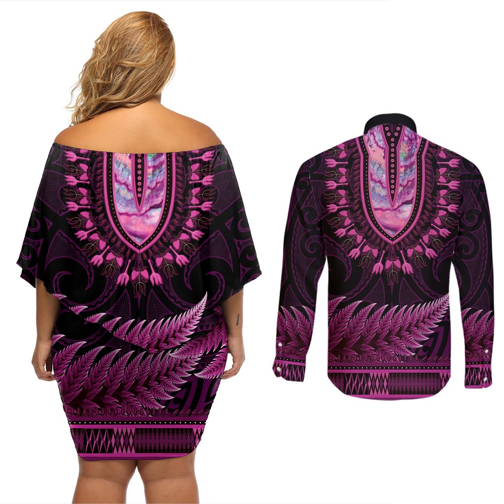 Pink African Dashiki With Aotearoa Maori Couples Matching Off Shoulder Short Dress and Long Sleeve Button Shirt Paua Shell Mix Silver Fern