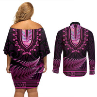 Pink African Dashiki With Aotearoa Maori Couples Matching Off Shoulder Short Dress and Long Sleeve Button Shirt Paua Shell Mix Silver Fern