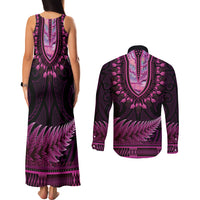 Pink African Dashiki With Aotearoa Maori Couples Matching Tank Maxi Dress and Long Sleeve Button Shirt Paua Shell Mix Silver Fern
