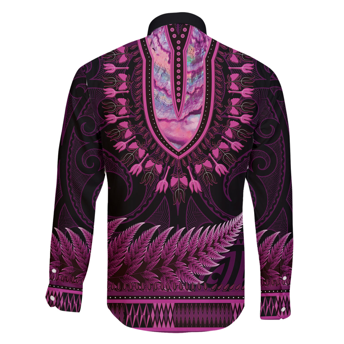 Pink African Dashiki With Aotearoa Maori Family Matching Puletasi and Hawaiian Shirt Paua Shell Mix Silver Fern