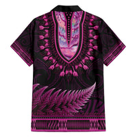 Pink African Dashiki With Aotearoa Maori Family Matching Short Sleeve Bodycon Dress and Hawaiian Shirt Paua Shell Mix Silver Fern