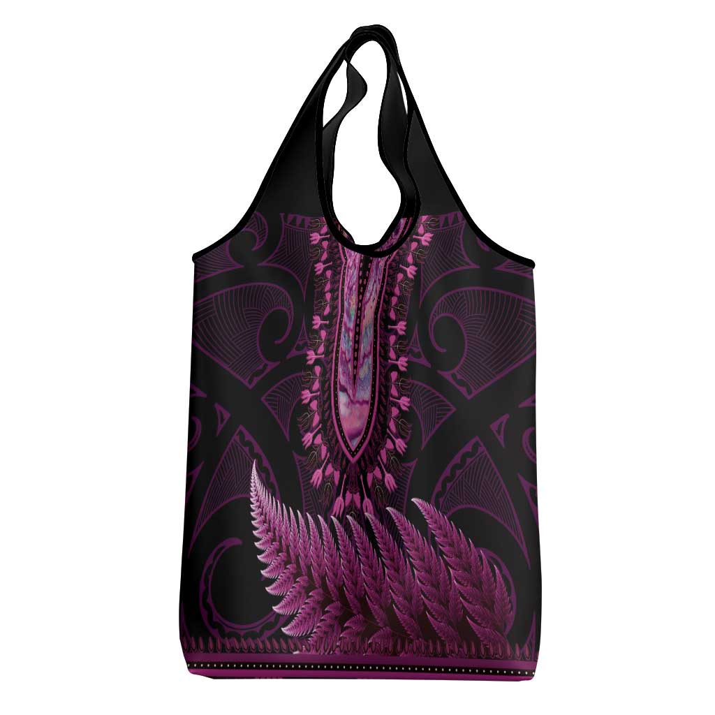 Pink African Dashiki With Aotearoa Maori Grocery Bag Paua Shell Mix Silver Fern