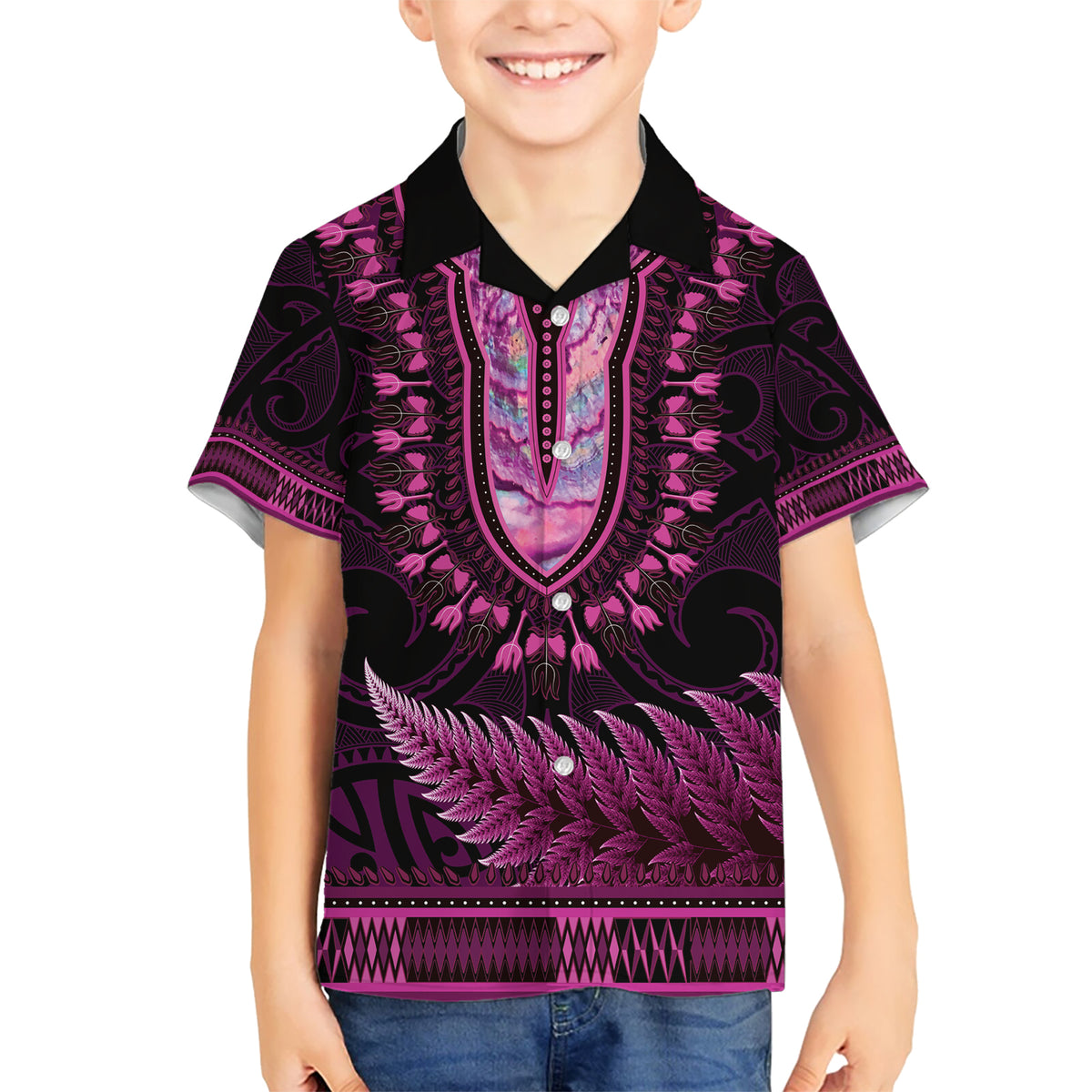 Pink African Dashiki With Aotearoa Maori Hawaiian Shirt Paua Shell Mix Silver Fern
