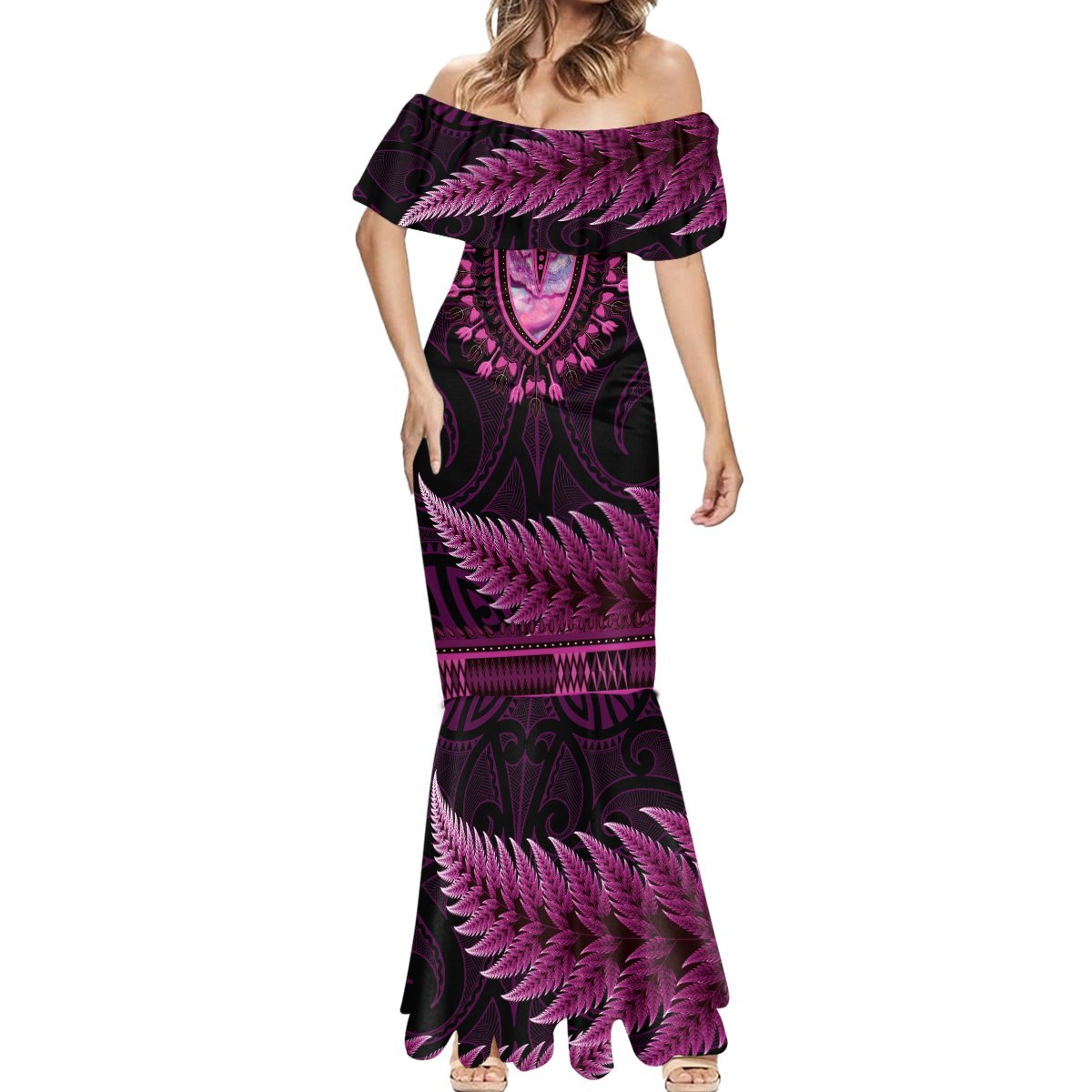 Pink African Dashiki With Aotearoa Maori Mermaid Dress Paua Shell Mix Silver Fern LT14 - Polynesian Pride