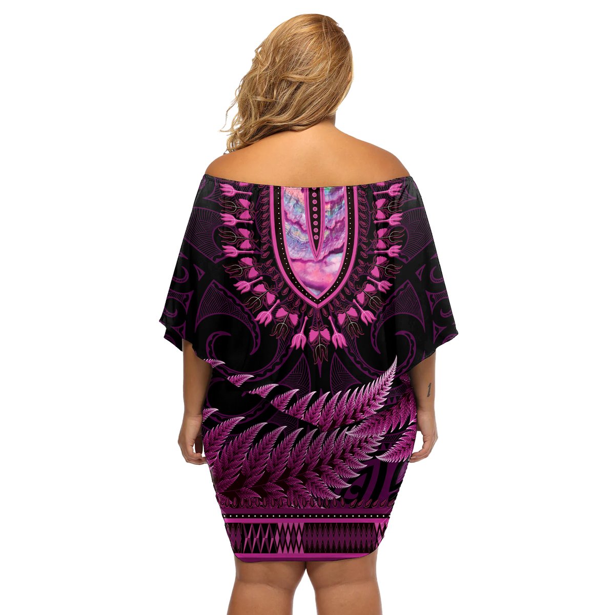 Pink African Dashiki With Aotearoa Maori Off Shoulder Short Dress Paua Shell Mix Silver Fern