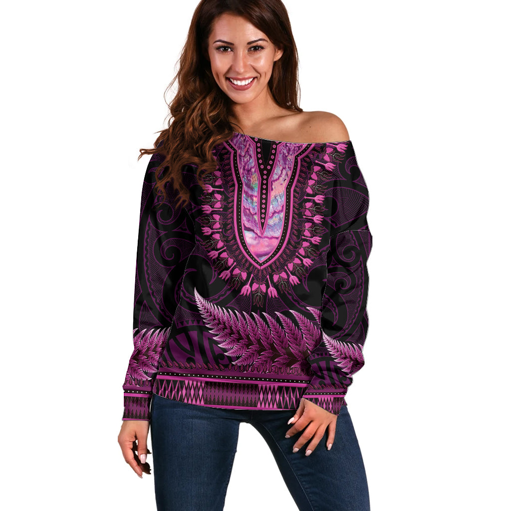 Pink African Dashiki With Aotearoa Maori Off Shoulder Sweater Paua Shell Mix Silver Fern LT14 Women Pink - Polynesian Pride