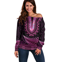 Pink African Dashiki With Aotearoa Maori Off Shoulder Sweater Paua Shell Mix Silver Fern LT14 Women Pink - Polynesian Pride