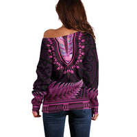 Pink African Dashiki With Aotearoa Maori Off Shoulder Sweater Paua Shell Mix Silver Fern LT14 - Polynesian Pride