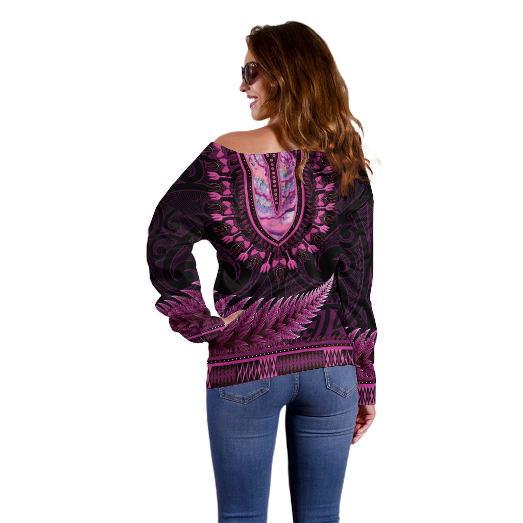 Pink African Dashiki With Aotearoa Maori Off Shoulder Sweater Paua Shell Mix Silver Fern LT14 - Polynesian Pride