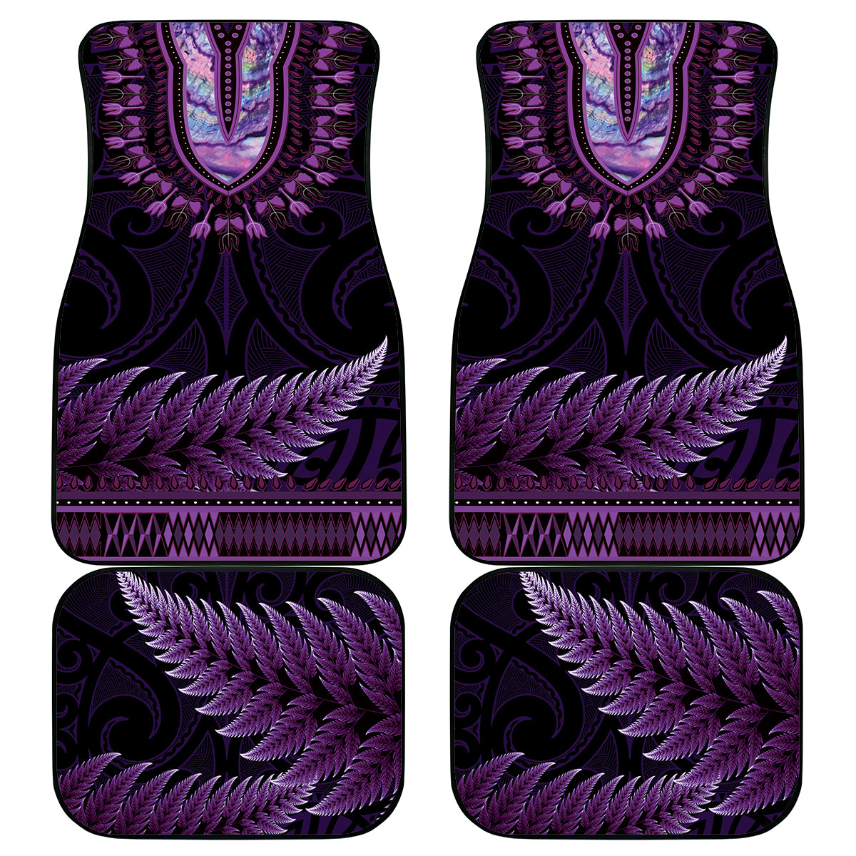 Purple African Dashiki With Aotearoa Maori Car Mats Paua Shell Mix Silver Fern
