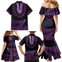 Purple African Dashiki With Aotearoa Maori Family Matching Mermaid Dress and Hawaiian Shirt Paua Shell Mix Silver Fern