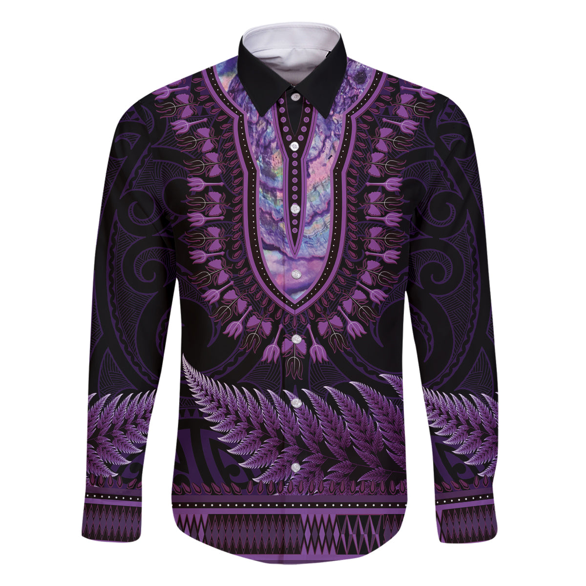 Purple African Dashiki With Aotearoa Maori Family Matching Mermaid Dress and Hawaiian Shirt Paua Shell Mix Silver Fern