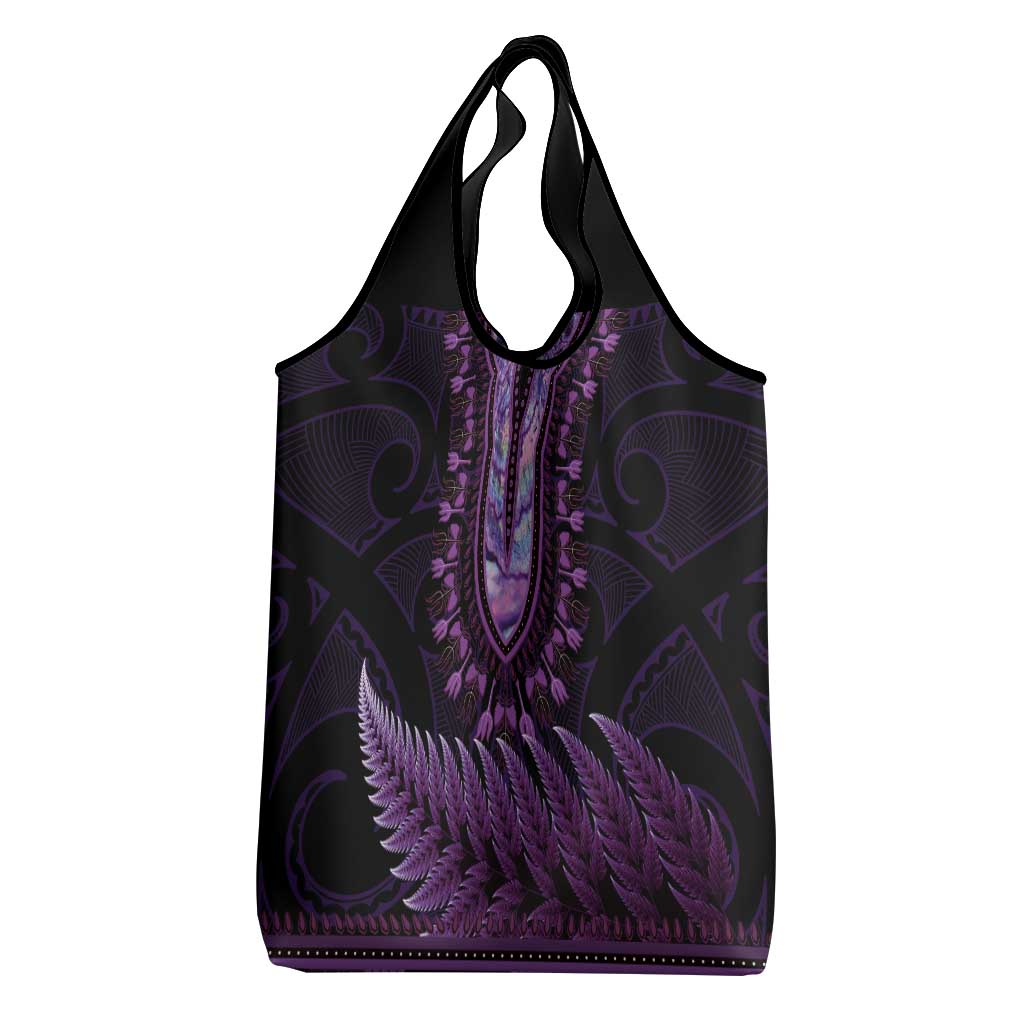 Purple African Dashiki With Aotearoa Maori Grocery Bag Paua Shell Mix Silver Fern