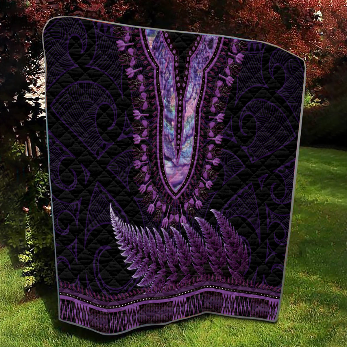 Purple African Dashiki With Aotearoa Maori Quilt Paua Shell Mix Silver Fern LT14 - Polynesian Pride