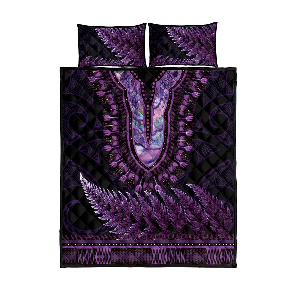 Purple African Dashiki With Aotearoa Maori Quilt Bed Set Paua Shell Mix Silver Fern