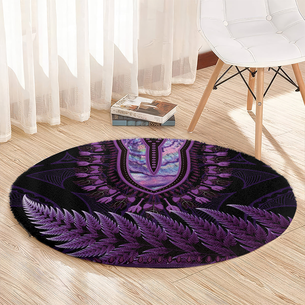 Purple African Dashiki With Aotearoa Maori Round Carpet Paua Shell Mix Silver Fern