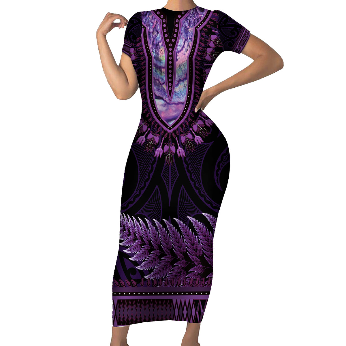 Purple African Dashiki With Aotearoa Maori Short Sleeve Bodycon Dress Paua Shell Mix Silver Fern LT14 Long Dress Purple - Polynesian Pride