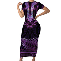 Purple African Dashiki With Aotearoa Maori Short Sleeve Bodycon Dress Paua Shell Mix Silver Fern LT14 Long Dress Purple - Polynesian Pride