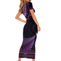 Purple African Dashiki With Aotearoa Maori Short Sleeve Bodycon Dress Paua Shell Mix Silver Fern LT14 - Polynesian Pride