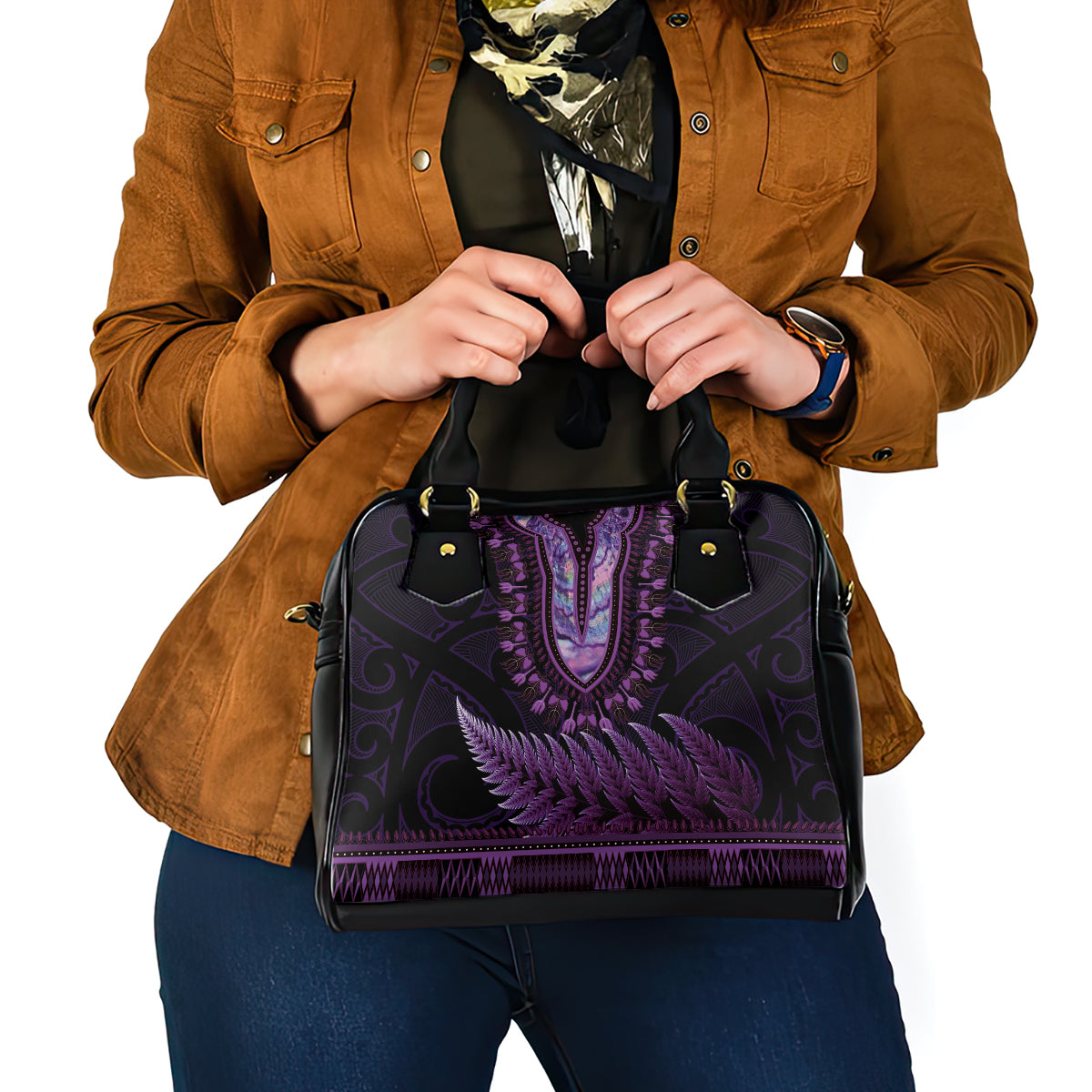 Purple African Dashiki With Aotearoa Maori Shoulder Handbag Paua Shell Mix Silver Fern LT14 - Polynesian Pride