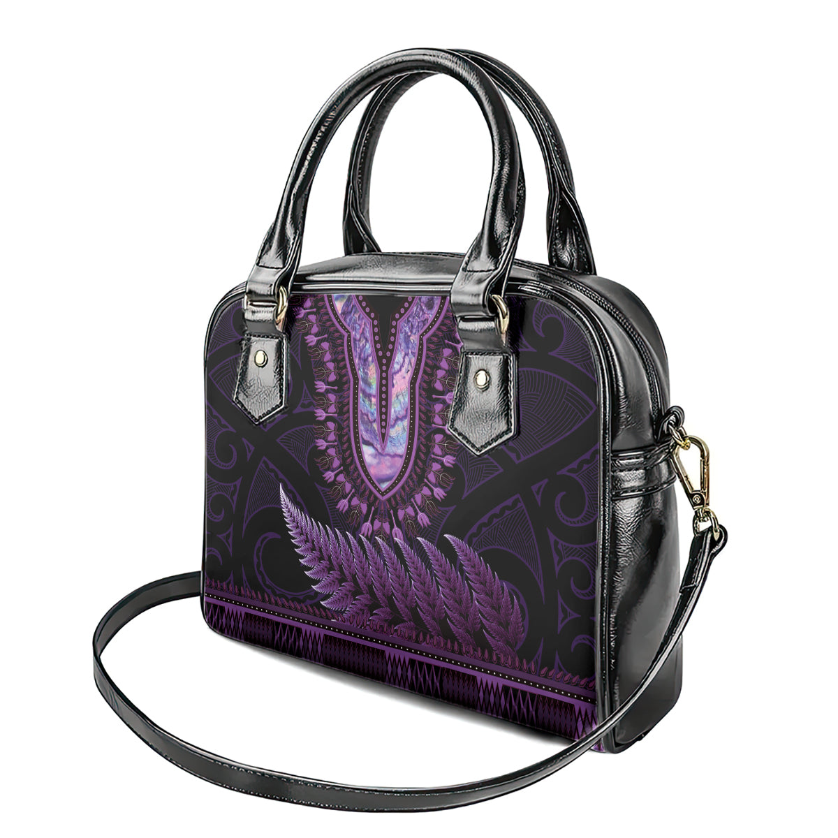 Purple African Dashiki With Aotearoa Maori Shoulder Handbag Paua Shell Mix Silver Fern LT14 - Polynesian Pride