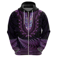 Purple African Dashiki With Aotearoa Maori Zip Hoodie Paua Shell Mix Silver Fern